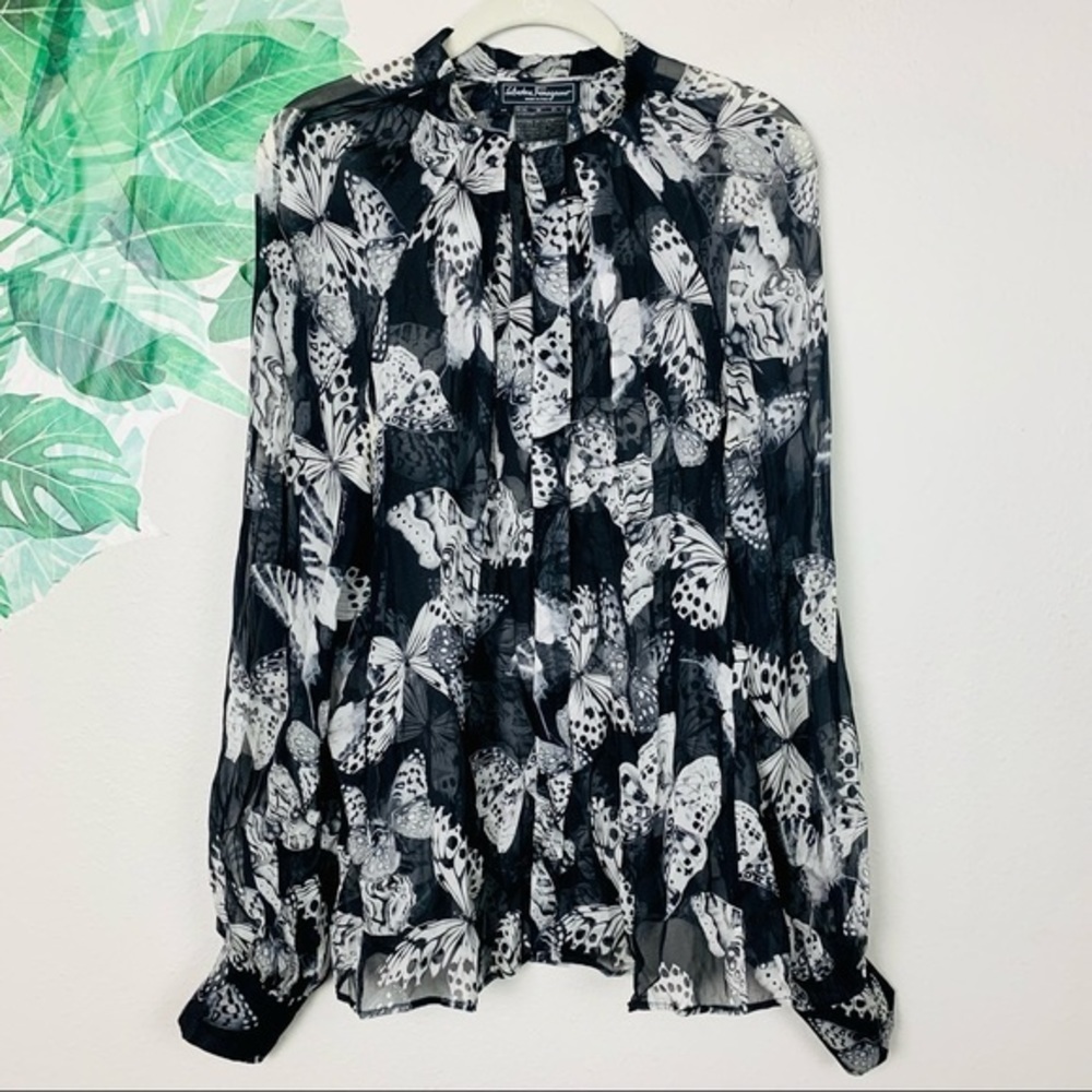 Salvatore Ferragamo Butterfly Print Silk Chiffon Black White Long Sleeve…